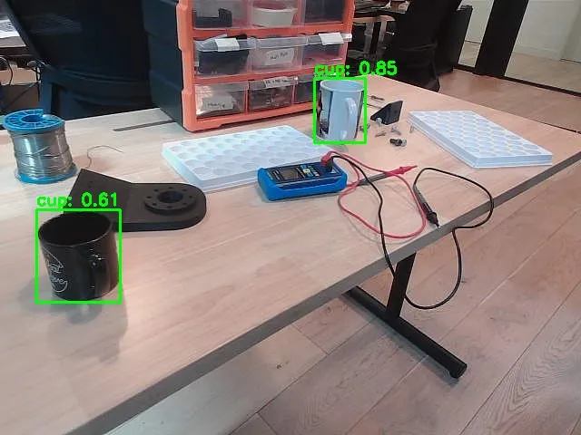Cup detected with bounding box and confidence score overlay