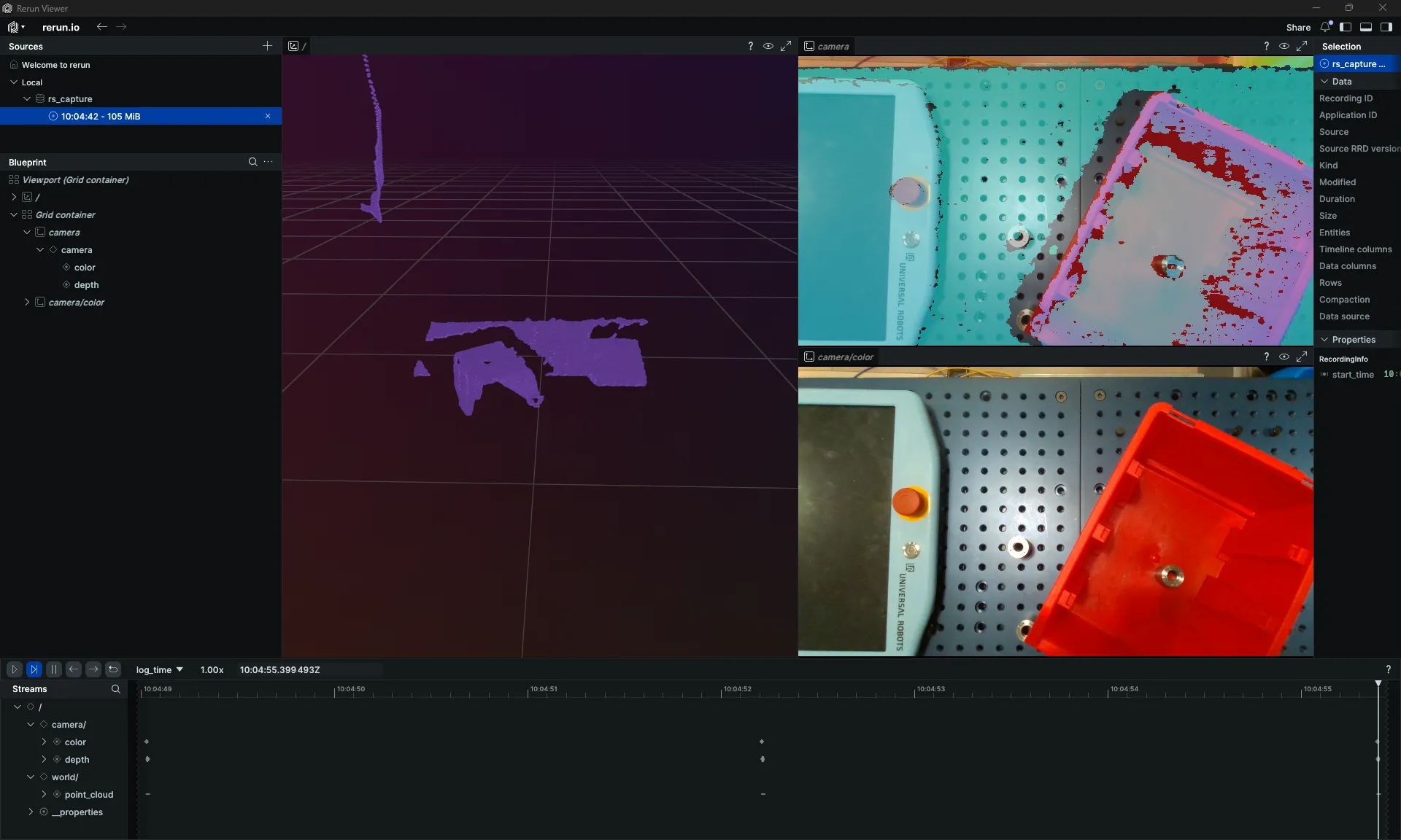 RealSense capture showing RGB image, depth image, and point cloud visualized in Rerun